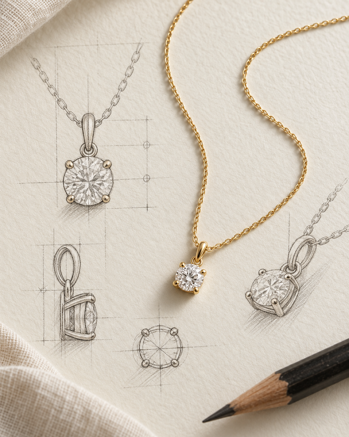 A gold diamond pendant beside pencil studies on textured paper
