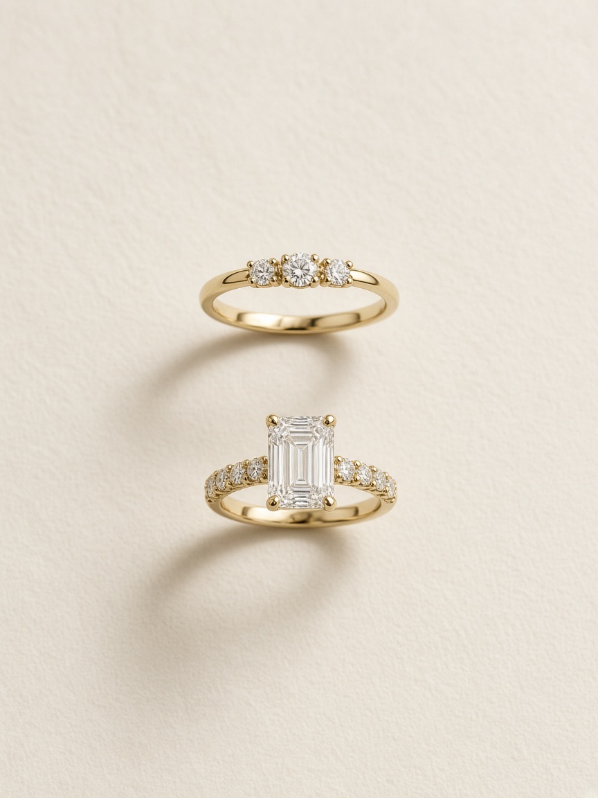 Two gold diamond rings on warm ivory paper