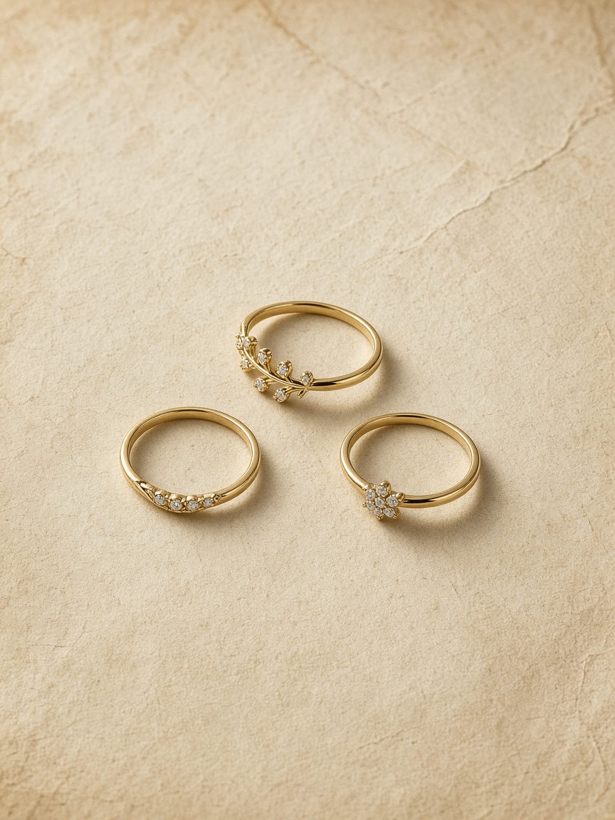 Three fine gold rings on aged parchment